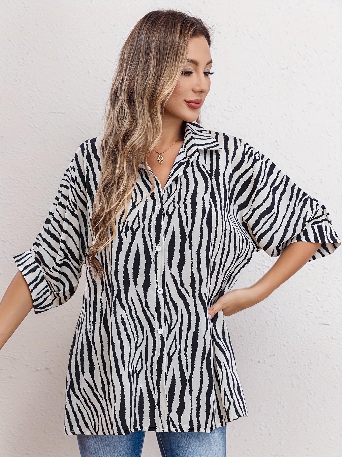 Blouse met zebraprint en Cuffed sleeves