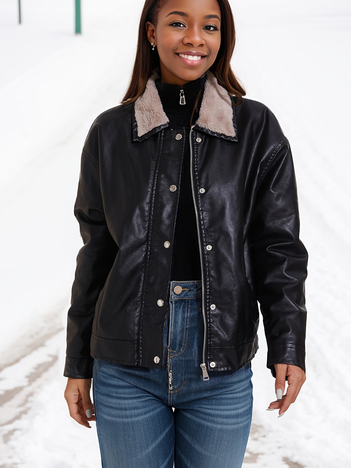 Fleece lined PU leather jacket