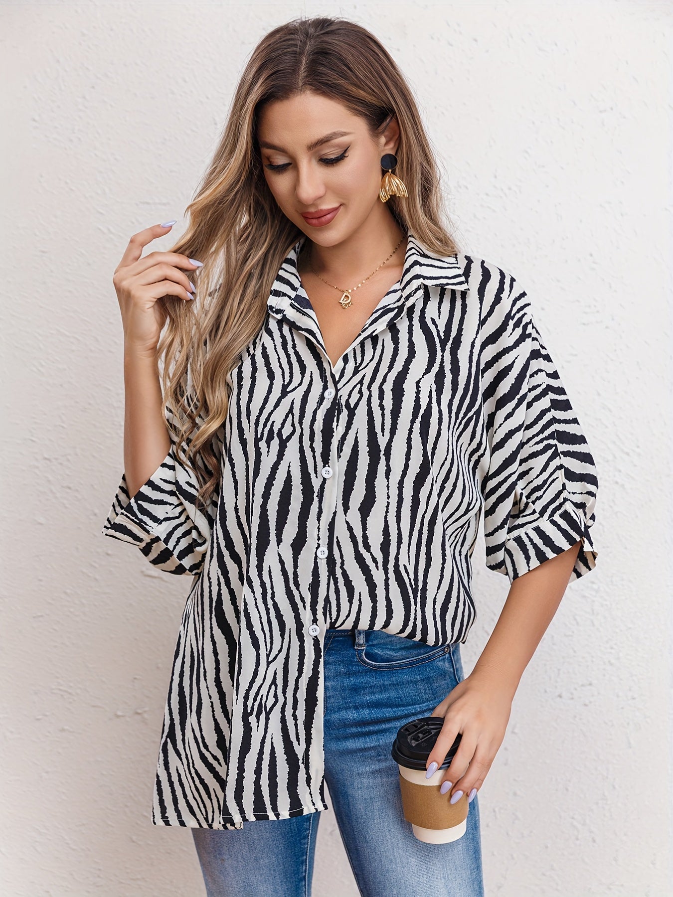 Blouse met zebraprint en Cuffed sleeves