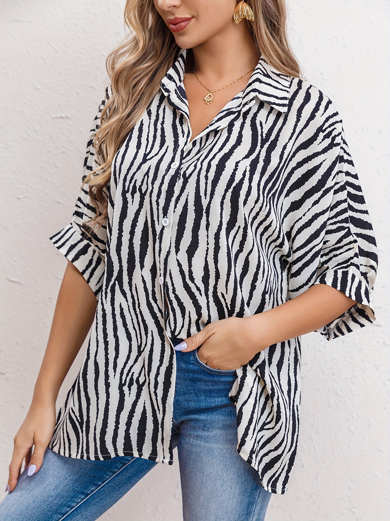 Blouse met zebraprint en Cuffed sleeves